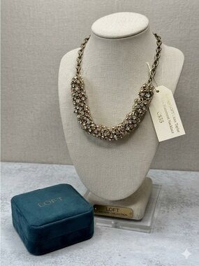 Vintage LOFT Ann Taylor Y2K Gold Crystal Statement Necklace EUC